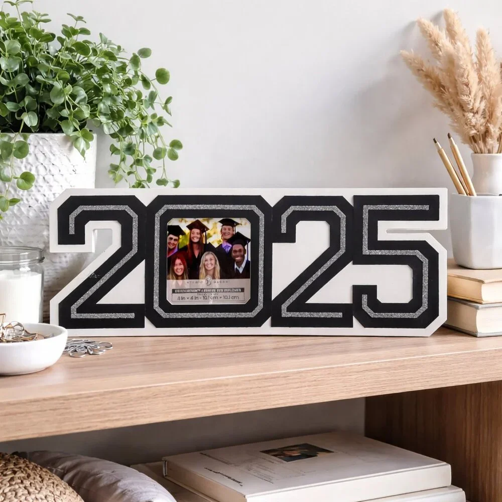 Studio Decor Photo Frame 4x4 Glitter Year Display Black Silver Minimalist Shelf